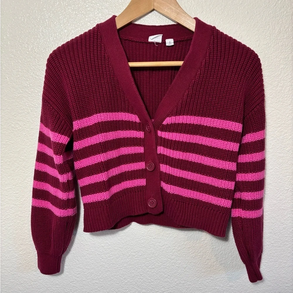 Gap Kids 100% Cotton Size 8 (M) Maroon and Fuchsia Striped Knit Sweater